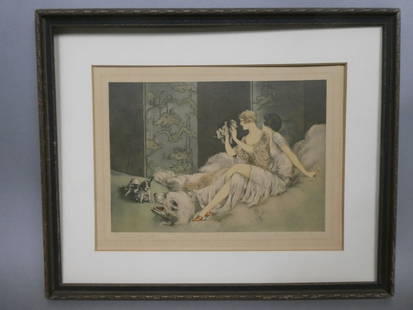 Louis Icart Art Deco Women w/ Dogs Print: Louis Icart Art Deco Women w/ Dogs Print in frame. Signature in plate. 16 high x 13 wide x 1 deep, image: 10 x 7. Has toing and matt burn. Missing glass Shipping: Local pick-up or buyer-arranged welco