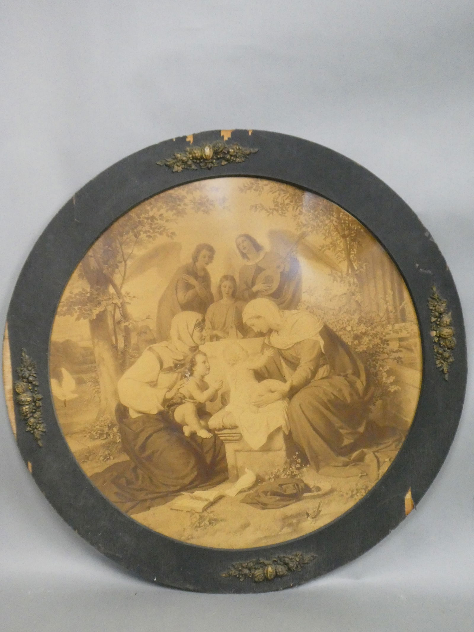 Antique Large Circular Print Madonna Jesus & Angels in Frame (1 of 15)