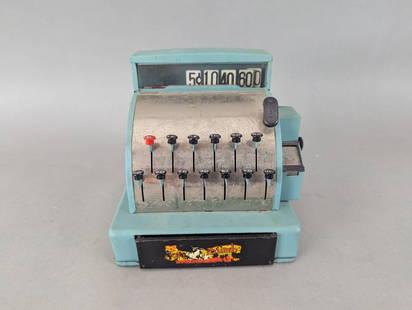 Vintage Tom Thumb Metal Cash Register by Western Stamping Company: Vintage Tom Thumb metal cash register toy manufactured by the Western Stamping Company between the mid-1940s and 1960s. Constructed from durable metal, it features push buttons, a number display, and