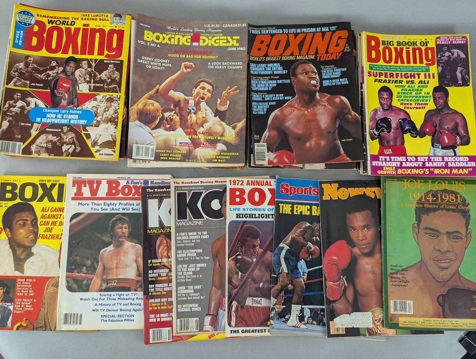 Lot of 39 Boxing Magazines Including World Boxing and Big Book of Boxing: Lot of 39 issues of boxing magazines, featuring popular titles such as World Boxing, Big Book of Boxing, Boxing Today, KO Magazine, Boxing Digest, and others. These magazines have content highlighting