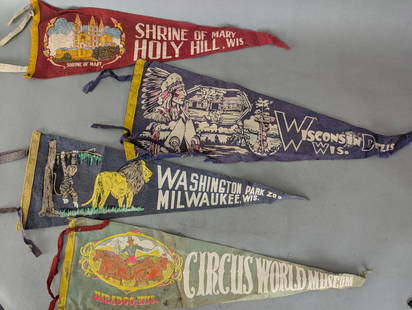 Set of Four Vintage Souvenir Felt Pennants from Wisconsin Attractions: Set of four vintage felt pennants featuring souvenir designs from popular Wisconsin attractions. Includes pennants from Shrine of Mary Holy Hill Wis, Wisconsin Dells Wis, Washington Park Zoo Milwaukee