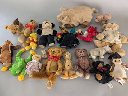 Collection of Stuffed Animals and Teddy Bears VintageÂ etc: Assorted collection of stuffed animals and teddy bears in varying sizes and materials. Includes vintage teddy bears with hand-stitched features, a Winnie the Pooh plush, a Ty penguin beanie baby, and