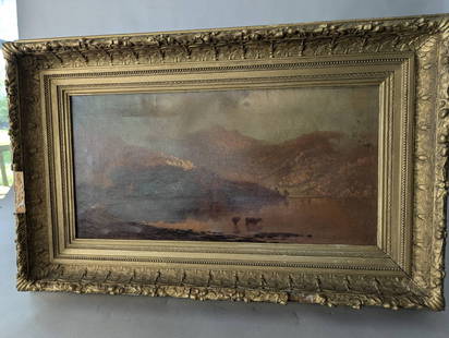 Oil on Canvas Landscape Painting by Cyrenius Hall in Ornate Frame: Oil on canvas landscape painting attributed to Cyrenius Hall, a 19th-century painter active between 1830-1896 who was known for his works depicting landscapes and natural scenes. The painting