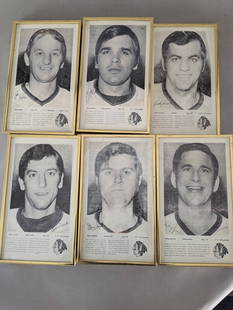 Framed 1971 Chicago Blackhawks Player Newspaper Prints With Autographs: Set of 8 framed newspaper prints featuring Chicago Blackhawks players, each measuring 8 wide x 14 high x 1 deep inches. Frames include text details about each player, positions, team logos, and printe