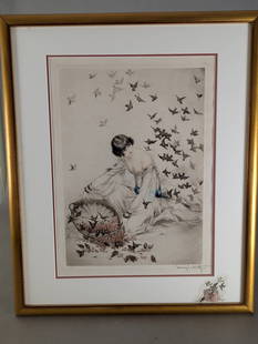 Woman Feeding Birds Etching by Louis Icart in Art Deco Style: Etching by French artist Louis Icart (1888-1950) titled Woman Feeding Birds, created in 1926. This piece showcases Icart's iconic Art Deco style and features a carefully rendered depiction of a seated