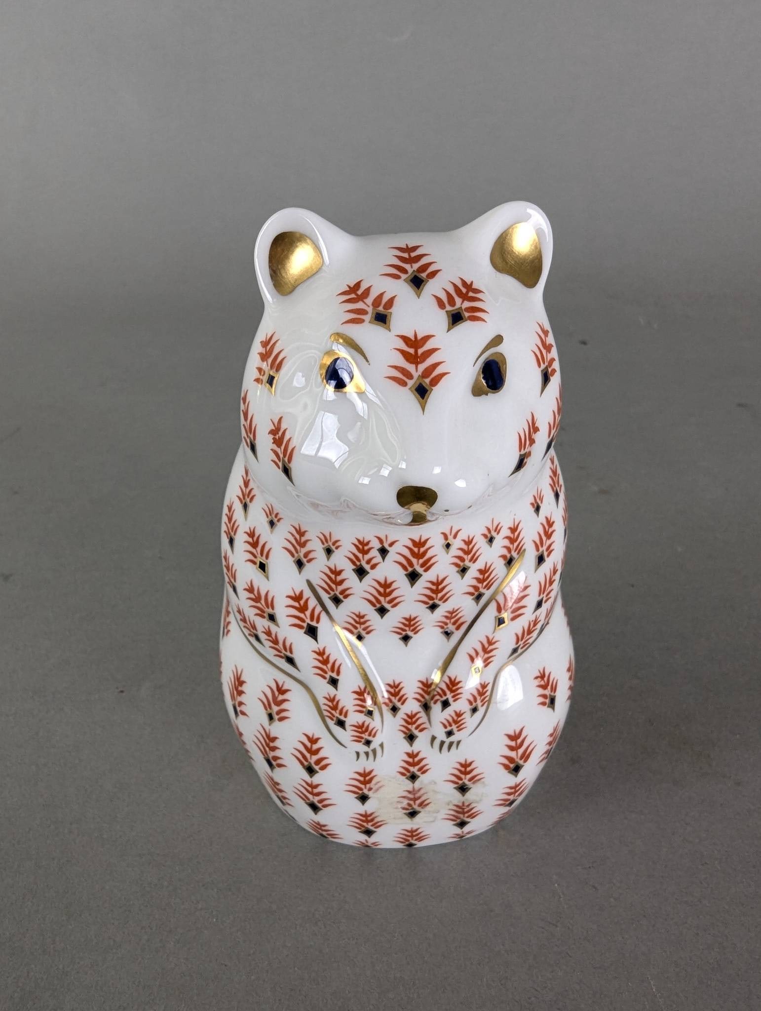 Royal Crown Derby Hamster Paperweight Silver Stopper LIV 1991: Royal Crown Derby porcelain hamster paperweight featuring the intricate Imari pattern with gold accents. The piece is marked with the red Derby backstamp dated 1991 and has a silver stopper. It stands