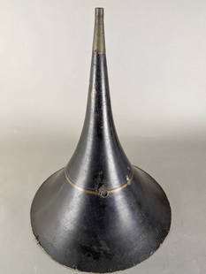Linenoid Composition Phonograph Horn: Linenoid composition phonograph horn featuring a conical bell design. The horn has a height of 21 inches and a diameter of 16 1/2 inches at the bell. Made of durable linenoid material, it exhibits sig