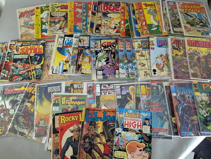 66 Comic Books Featuring Various Titles Across Multiple Genres: 66 comic books featuring a variety of genres and themes including superhero, fantasy, adventure, western, and humor. Titles include series such as Marvel Spotlight The Son of Satan, Archie Riverdale H