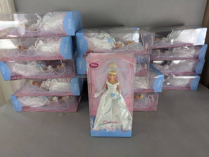 23 Disney Store Cinderella Once Upon a Wedding Dolls 2011: Wholesale lot of 23 Disney Store Cinderella Once Upon a Wedding dolls, each measuring 14 high x 7 wide x 4 deep inches. Each doll is new and sealed in its original packaging. The dolls feature Cindere