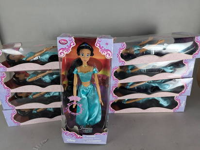 Wholesale Lot of 9 Disney Princess Jasmine Singing Dolls: Wholesale lot containing 9 Disney Princess Jasmine Singing Dolls. Each doll comes in a sealed original retail box with dimensions of 18 high x 7 wide x 4 deep inches. The dolls are brand new and featu