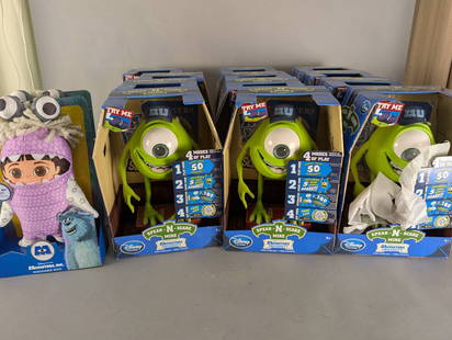 14 Monsters Inc Speak N Scare Mike and Huggable Boo: 14 new items from Disney Pixar's Monsters Inc and Monsters University. Includes 12 Speak N Scare Mike figures featuring 4 modes of play, over 50 sayings, five roaring sounds, and app-enabled features