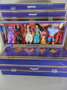 15 Aladdin Deluxe Doll Gift Sets New in Packaging: 15 Aladdin Deluxe Doll Gift Sets, each measuring 33 high x 13 deep x 3 wide. These gift sets include characters and costumes from the Disney Aladdin franchise, featuring figures such as Aladdin, Jasmi