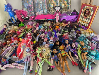 Extensive Mixed Lot of Monster High Dolls with Accessories and Vehicles: Monster High dolls, featuring numerous loose dolls with varying outfits and hairstyles, along with six boxed dolls sealed in their original packaging. Included are multiple Monster High accessories su