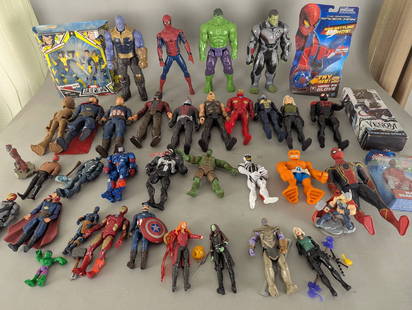 Marvel Action Figures and Related Toys Large Lot: Marvel-themed action figures and toys including characters such as Hulk, Spider-Man, Iron Man, Thanos, Groot, Captain America, and others. Items include figures of various materials, some in packaging