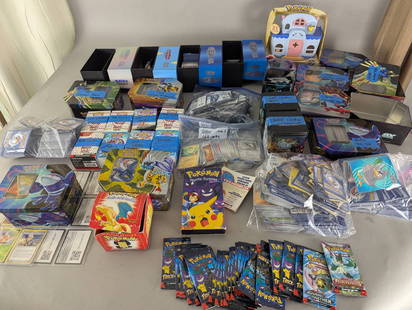 Pokemon Cards Tins Boosters and Accessories HUGE LOT: Extensive collection of Pokemon trading card game items, including numerous booster boxes, booster packs, card tins, loose cards, and specialty sets. Notable brands featured include Journey Together,