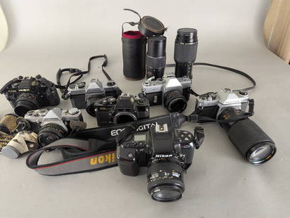 7 Film Cameras and Lenses incl Nikon Pentax Mamiya Olympus Minolta: Film cameras and lenses including Nikon, Pentax, Mamiya, Olympus, and Minolta models. Includes a Nikon with strap, a Sears KS Auto with shutter not functioning, a Pentax K1000 with lens attached, a Ma