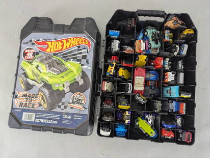 Hot Wheels 48-Car Carrying Case with Assorted Diecast Cars: Hot Wheels plastic carrying case designed to hold up to 48 cars, includes an assortment of diecast vehicles. The items range in design, featuring cars, trucks, and specialty vehicles with various colo
