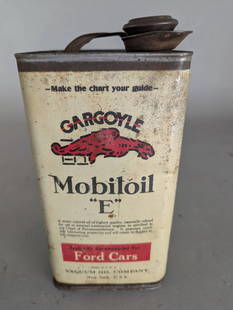 Gargoyle Mobiloil E One Gallon Tin for Ford Cars by Vacuum Oil Company: Gargoyle Mobiloil E one gallon tin, designed for Ford cars, manufactured by the Vacuum Oil Company in New York, USA. Features the iconic Gargoyle logo and detailed usage instructions for proper lubric