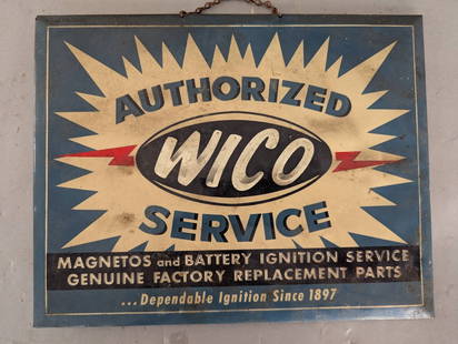 Wico MagnetosÂ  Authorized Service Metal Advertising Sign: Wico Authorized Service metal advertising sign featuring the text Magnetos and Battery Ignition Service Genuine Factory Replacement Parts and Dependable Ignition Since 1897. This sign measures 14 wide