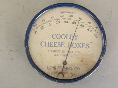 Cooley Cheese Boxes Advertising Thermometer 7 Inch Diameter: Cooley Cheese Boxes advertising thermometer made by Cooley Manufacturing Company, West Bend, Wisconsin. Features a circular dial with a blue metal casing and glass cover. Displays temperatures from 30
