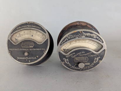 Two Weston Electrical Instrument Co Eclipsed Voltmeters: Two Eclipsed Voltmeters manufactured by Weston Electrical Instrument Co based in Newark, New Jersey, USA. Each piece is 7 wide x 7 high x 6 deep. The first voltmeter, Model 189, shows a measurement ra