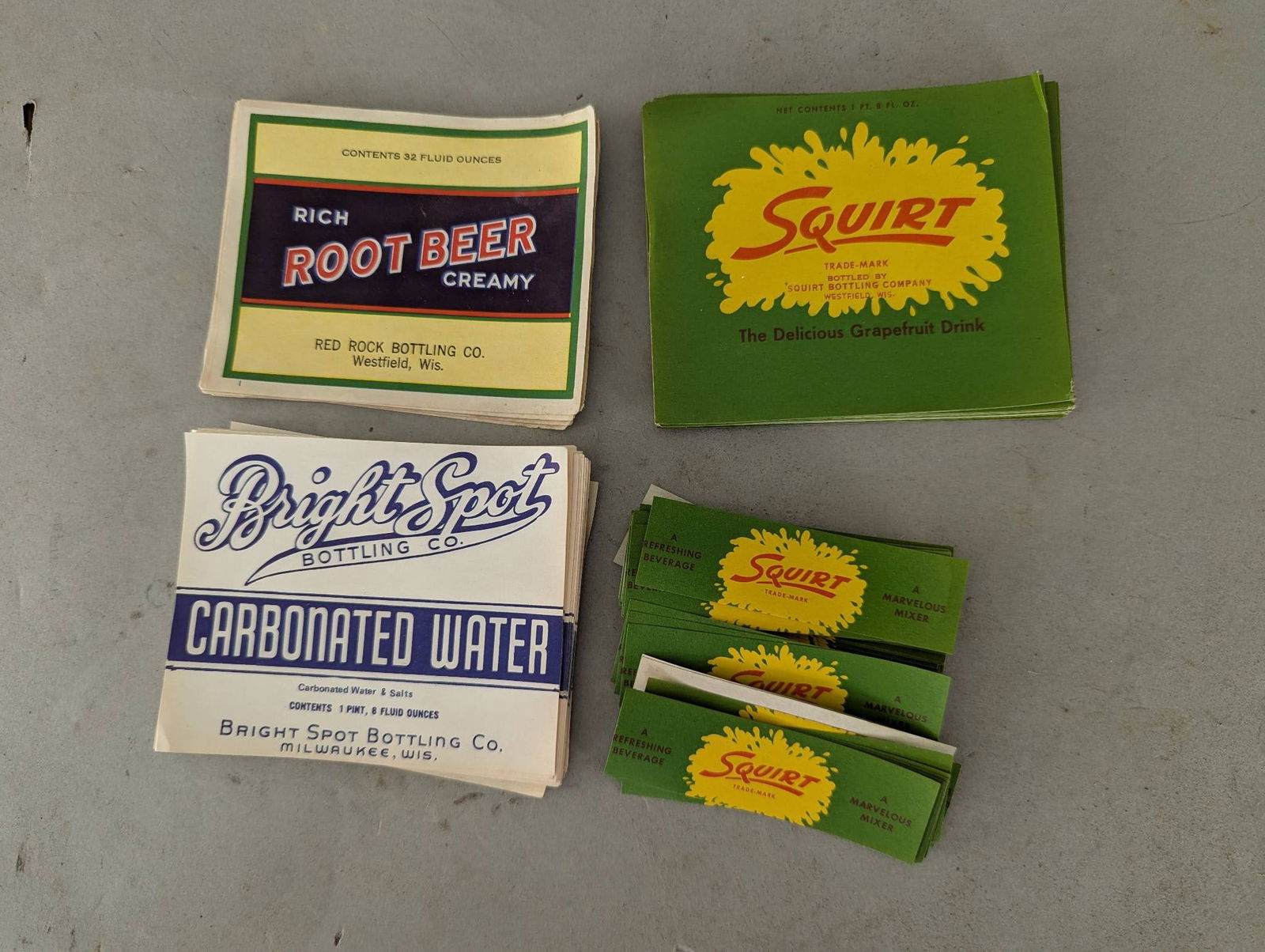 Large Lot NOS Soda Bottle Labels Featuring Squirt Root Beer and Bright Spot (1 of 7)