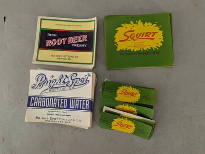 Large Lot NOS Soda Bottle Labels Featuring Squirt Root Beer and Bright Spot: NOS (New Old Stock) soda bottle labels, including designs for Squirt, Rich Root Beer by Red Rock Bottling Co from Westfield, Wisconsin, and Bright Spot Carbonated Water by Bright Spot Bottling Co from