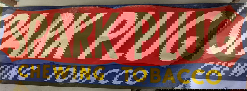 Spark Plug Chewing Tobacco Advertising Sign: Spark Plug Chewing Tobacco advertising sign, made of weatherproof material and adaptable for outdoor or interior display. The dimensions are 61 wide x 20 high x 1 deep. The design features bold red, w