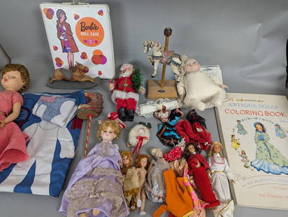 Dolls with Accessories and Coloring Book: A diverse collection of dolls and accessories, including a Barbie doll case, handmade-style dolls, and a variety of other doll figures. The largest doll measures 24 high x 7 wide x 3 deep. Also includ