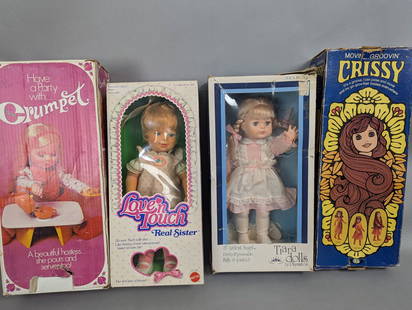 Four Vintage Dolls Including Lone N Touch TiaraÂ Crissy Crumpet: Four vintage dolls, including the following: Crumpet (missing doll; box measures approximately 19 high x 9 wide x 5 deep in inches), Love n Touch Real Sister doll with original box, Tiara doll by Hasb