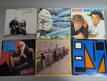 Vinyl Records Featuring Various Artists and Albums: 30 vinyl records featuring a mix of artists and albums. Titles include "Wham! Make It Big" by Wham!, "Rebel Yell" by Billy Idol, "Parallel Lines" by Blondie, "The Raw And The Cooked" by Fine Young Can