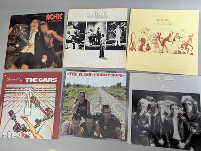 12 Vinyl Records Featuring Various Artists and Albums: 12 vinyl records featuring a mix of iconic artists and albums. Included in the lot are AC/DC (If You Want Blood You Got It), The Cars (The Cars), Emerson Lake and Palmer (Works Volume 2), Queen (The G