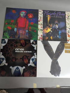 Seven Vinyl Albums Including Thriller Purple Rain Pretty Hate Machine: Seven vinyl albums featuring a variety of artists and genres. Included titles and artists are: Michael Jackson Thriller, Nine Inch Nails Pretty Hate Machine, Prince Purple Rain, Billie Eilish When We