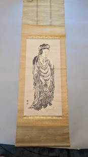 Japanese Hanging Scroll Kannon Bodhisattva of Compassion: Vintage signed Japanese hanging scroll kakejiku featuring Kannon the Bodhisattva of Compassion depicted in detailed ink art. The scroll measures 22 x 75 overall and the image size is 36 x 16. Kannon i
