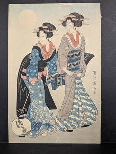 Japanese Ukiyo-e Woodblock Print by Kikugawa Eizan Reproduction: Japanese Ukiyo-e woodblock print reproduction by Kikugawa Eizan featuring two beauties. Measures 10 x 15 inches. Shows evidence of age with toning wear and tape residue visible on the reverse.