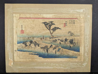 Utagawa Hiroshiges A Horse Fair ChiriuÂ Japanese Woodblock Print: Color woodblock print by Utagawa Hiroshige titled "A Horse Fair Chiriu" (also known as "Chiryu: Early Summer Horse Market") from the Edo period's Hoeido Tokaido series. This print measuring 15 1/2 x