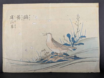 c1900 Japanese Woodblock Print Depicting Bird and Floral Scene: Japanese woodblock print from circa 1900 featuring a bird alongside floral elements, created with delicately colored inks and detailed line work. The composition includes grass, leaves, and blossoms f