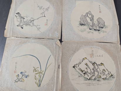 Set of Four Prints from Ten Bamboo Studio Manual of Painting and Calligraphy: Set of four 9-inch diameter prints originating from the Ten Bamboo Studio Manual of Painting and Calligraphy, first printed in 1633. This collection belongs to the ink drawings (round fans) section, f
