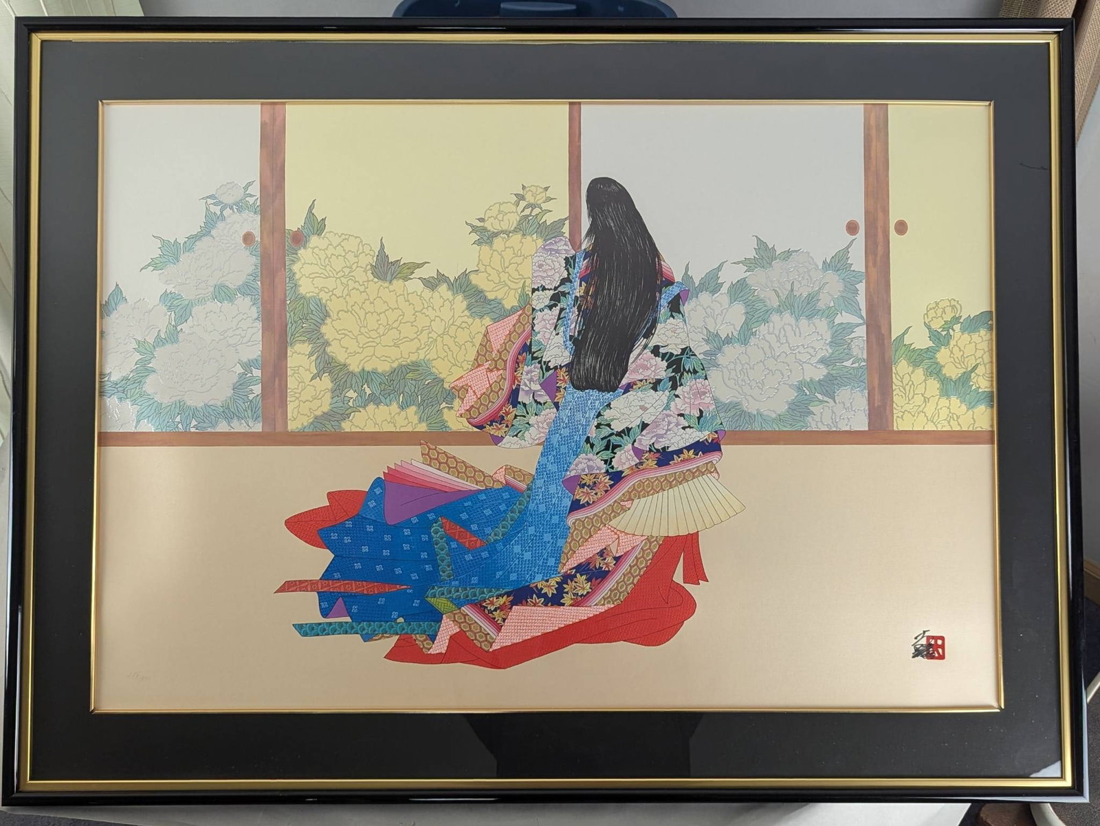 Graceful Elegance Limited Edition by Hisashi Otsuka: Limited edition mixed media print, titled Graceful Elegance, by renowned Japanese artist Hisashi Otsuka. This piece is a part 283 of a series of 300 and features a striking depiction of a woman in tra