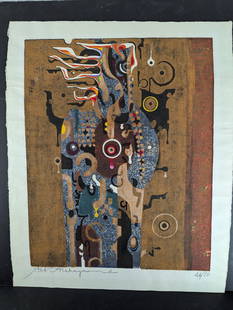 Mahaya by Tadashi Nakayama Japanese Woodblock Print 1964 Edition 46 of 50: Woodblock print titled Mahaya created by Japanese artist Tadashi Nakayama in 1964. This unframed piece measures 23 x 27 inches and is numbered 46 out of an edition of 50. Known for combining