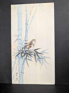 Japanese Woodblock Print by Ohara Koson Depicting Sparrows and Bamboo c1910: Japanese woodblock print by Ohara Koson (1877-1945) titled Two Tree Sparrows between Bamboo, circa 1910. The print depicts two sparrows perched on bamboo branches, surrounded by light blue bamboo