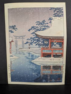 Japanese Woodblock Print by Tsuchiya Koitsu of Snowy Miyajima: Japanese Woodblock Print by Tsuchiya Koitsu titled Snowy Miyajima, created in 1936. The artwork by Koitsu (1870-1949), a renowned Japanese artist, is known for his mastery of shin-hanga (new prints) c