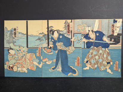 Japanese Woodblock Print by Toyokuni III Kabuki Triptych Depiction: Japanese woodblock print by Toyokuni III, also known as Utagawa Kunisada (1786-1865), depicting a Kabuki triptych scene. Toyokuni III was among the most prolific and celebrated ukiyo-e artists, renown