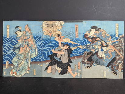 Japanese Woodblock Print Triptych by Utagawa Toyokuni III: Japanese woodblock print triptych by Utagawa Toyokuni III (1786-1864). This work depicts actors Kataoka Gado II as Shimizu Kanja Yoshitaka (right panel), Nakamura Tsuruzo I as the Ascetic Priest Tochi