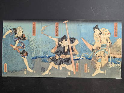 Japanese Woodblock Print by Toyokuni III TriptychÂ  Famous Thieves 19th Century: This Japanese woodblock print triptych by Toyokuni III (1786-1864), also known as Utagawa Kunisada, depicts three famous thieves from Kabuki history. Toyokuni III was a prominent ukiyo-e artist of the