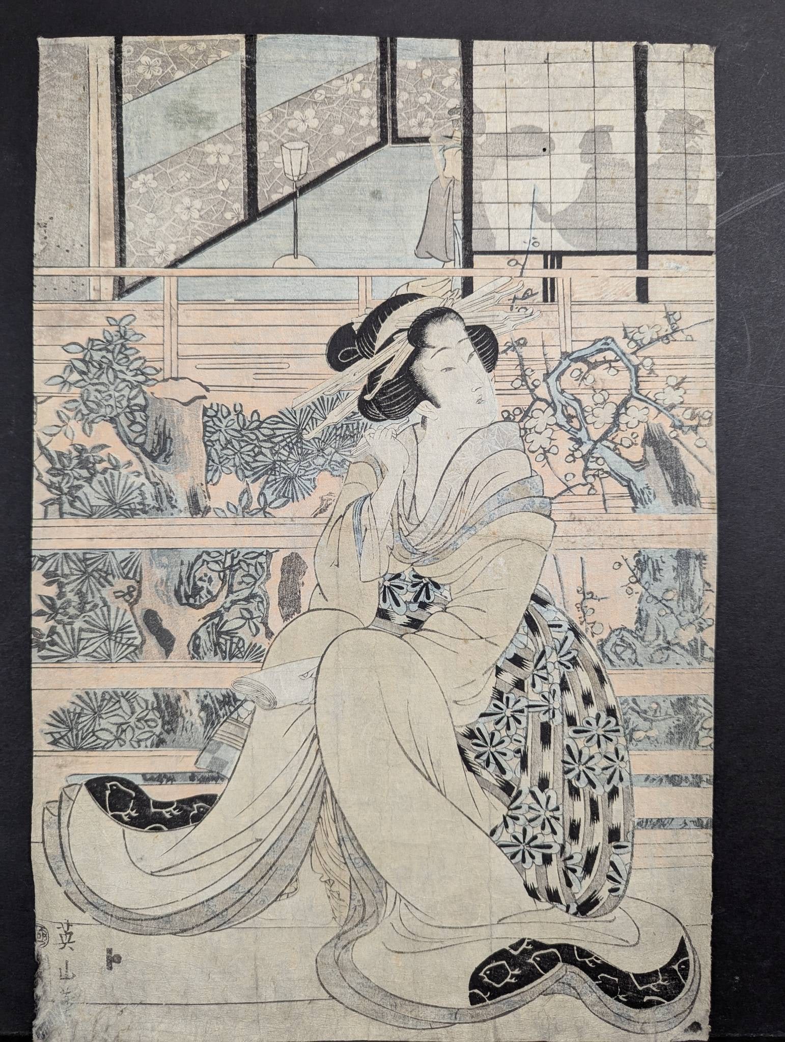 Japanese Woodblock Print by Kikugawa Eizan Depicting Bijin 19th Century: A Japanese woodblock print by Kikugawa Eizan (1787-1867), a renowned artist of the late Edo period, celebrated for his depictions of bijin (beautiful women). Eizan was heavily influenced by the works 