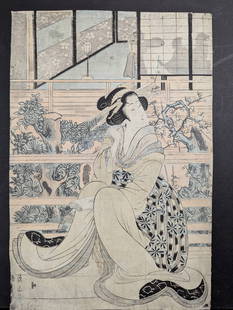 Japanese Woodblock Print by Kikugawa Eizan Depicting Bijin 19th Century: A Japanese woodblock print by Kikugawa Eizan (1787-1867), a renowned artist of the late Edo period, celebrated for his depictions of bijin (beautiful women). Eizan was heavily influenced by the works