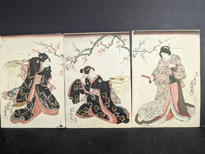 Japanese Woodblock Print Triptych by Utagawa Toyokuni III Actors 19th Century: This Japanese woodblock print triptych by Utagawa Toyokuni III (1786-1864) depicts actors in elegant kimonos against a backdrop of blossoming cherry branches. Toyokuni III, also known as Utagawa Kunis