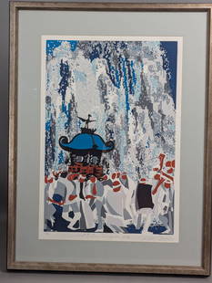 Japanese Woodblock Print by Tanaka Masaaki a Shrine Ceremony: Japanese woodblock print titled &#226;&#8364;&#732;Purification of a Miniature Shrine Before Falls&#226;&#8364;&#8482; by Tanaka Masaaki, a Japanese artist born in 1947. Masaaki is renowned for his mo