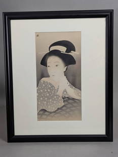 Vintage Japanese Woodblock Print by Shima Seien: Framed Japanese woodblock print by Shima Seien (1892-1970), a prominent female painter known for her contributions to the Nihonga style. The print is framed under glass and measures 18 inches in heigh
